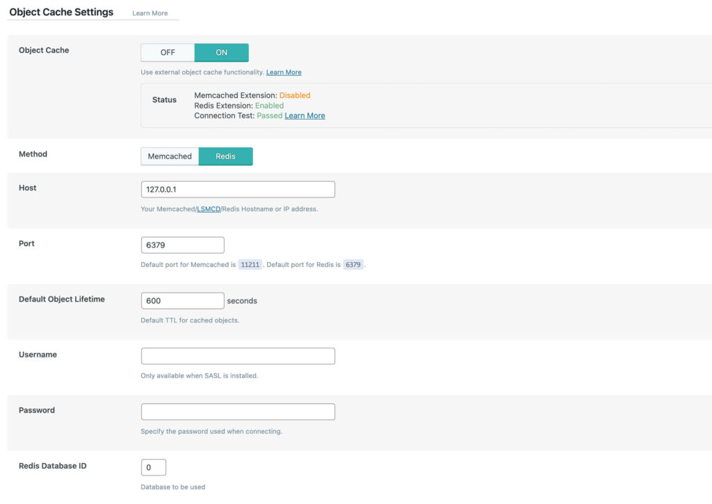 Screenshot of the "Object Cache Settings" page in the Litespeed Cache Wordpress plugin.