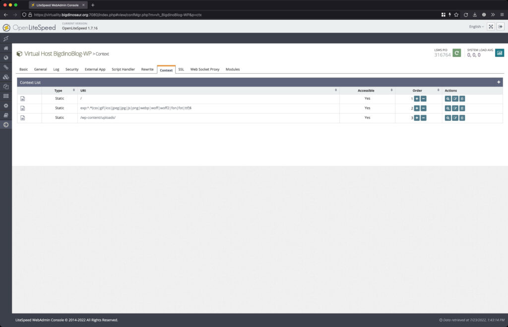 Screenshot of the "Context" tab on the OLS web console.
