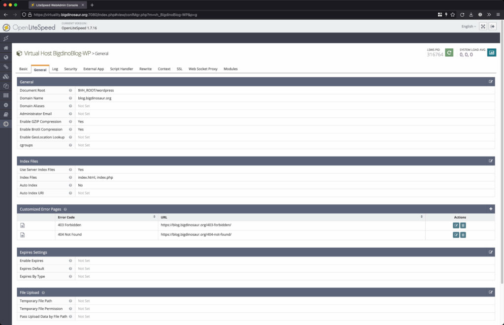 Screenshot of the "General" tab on the OLS web console.