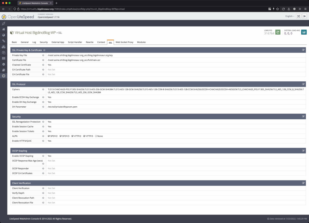 Screenshot of the "SSL" tab on the OLS web console.
